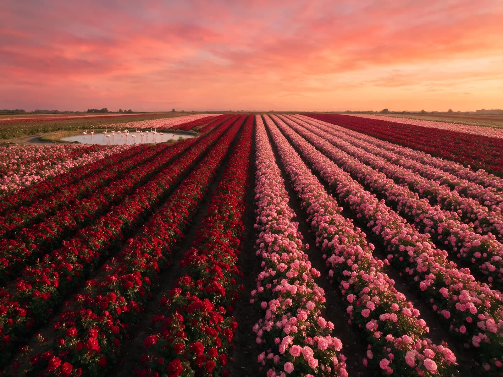 Roze tulpenvelden onder een koraalrode lucht