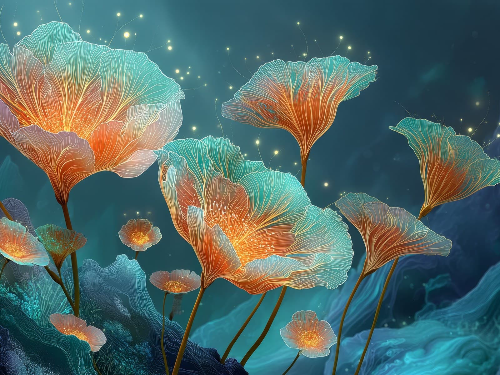 Turkooizen bloemen met oranje hart