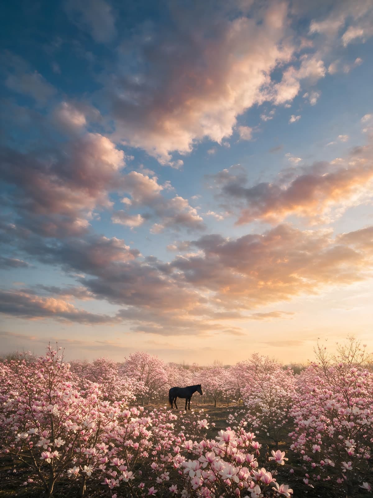 Paard in roze bloesemveld bij zonsondergang