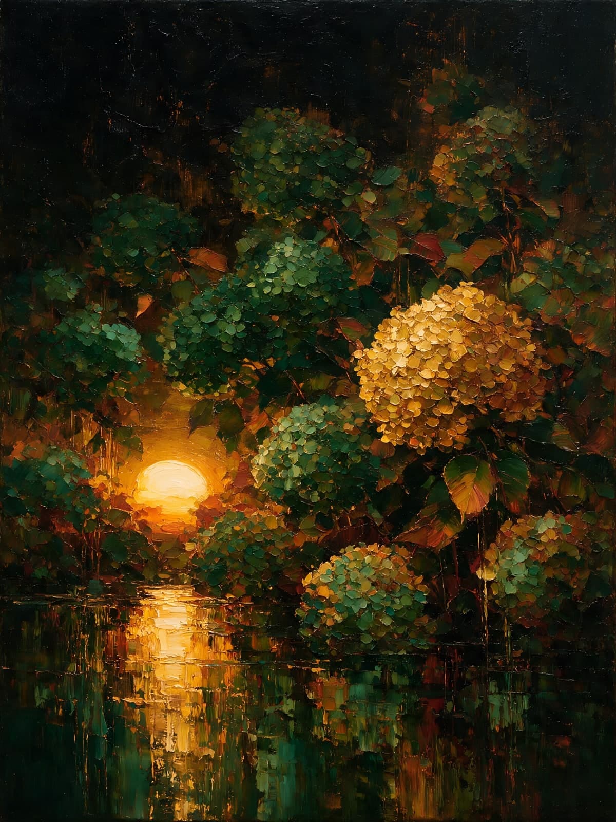 Hortensia's voor een weerspiegelde ondergaande zon