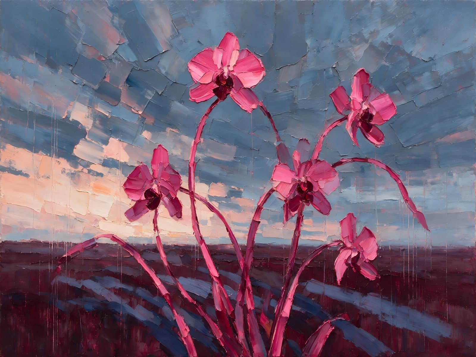 Roze orchideeën onder een grijsblauwe avondlucht