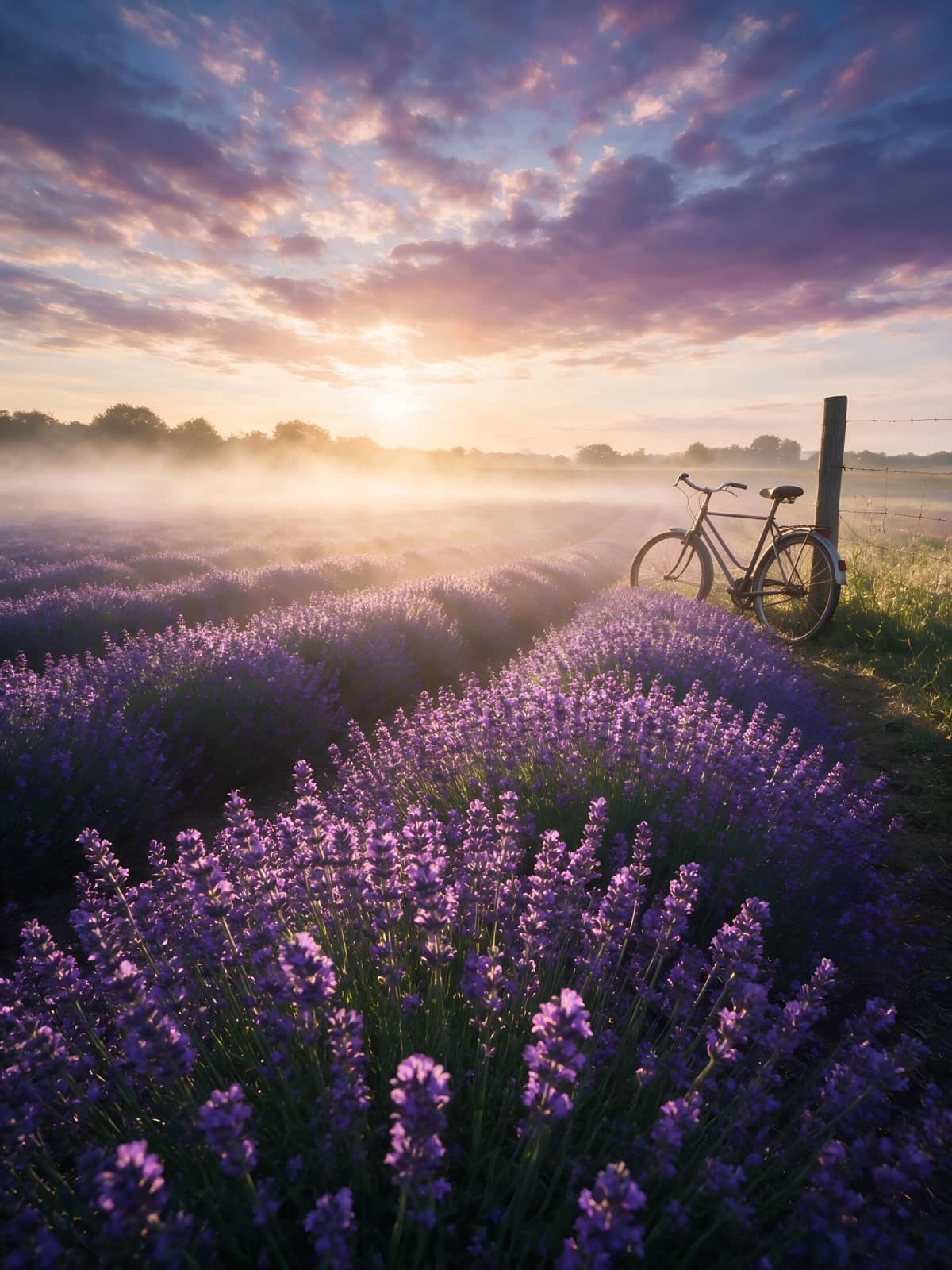 Lavendelveld met mist en fiets bij zonsopkomst