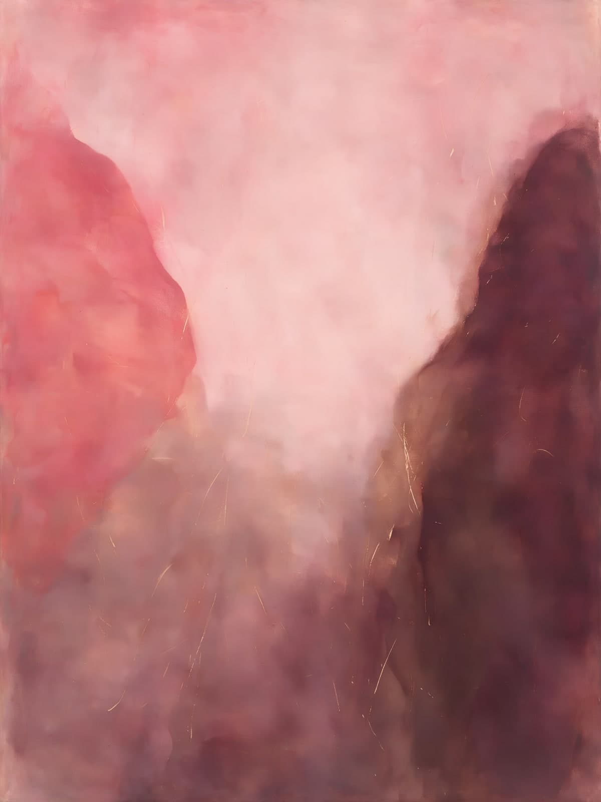 Roze nevel tussen donkere rotsen