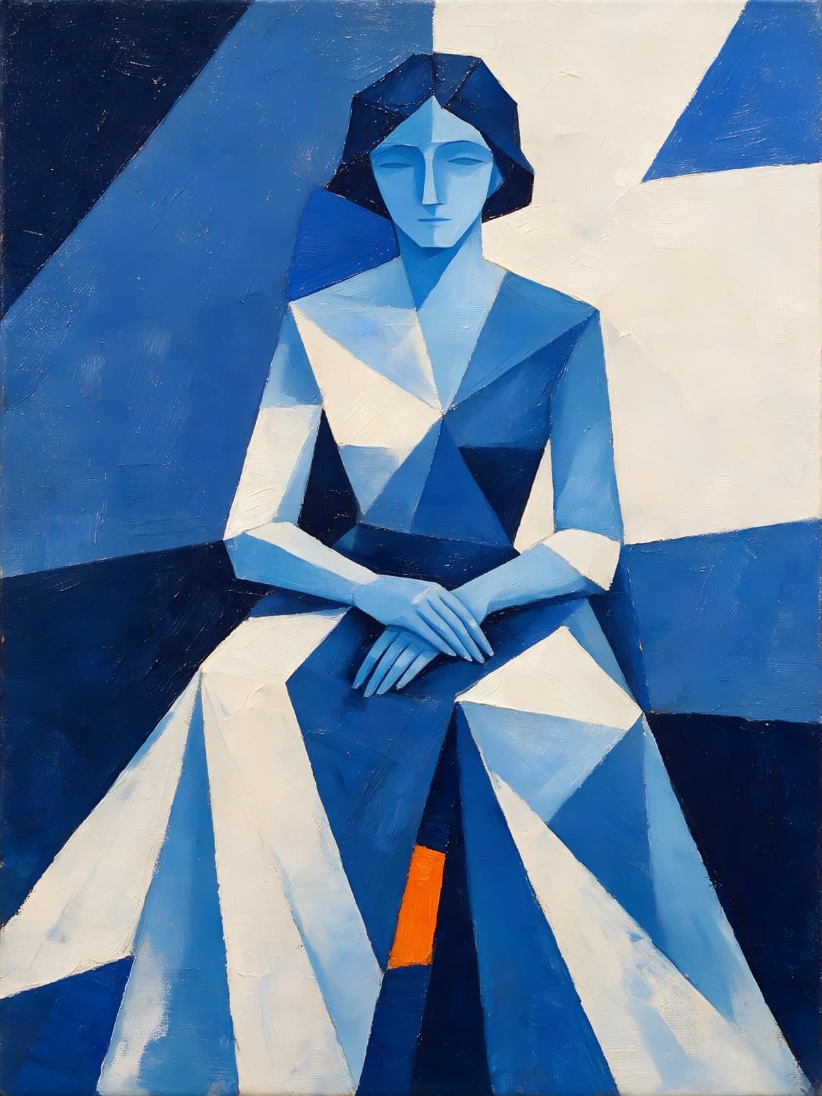 Zittende vrouw in blauwe facetten