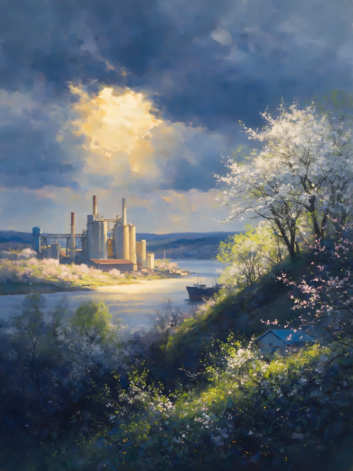 Bloeiende boom en fabriek aan de rivier