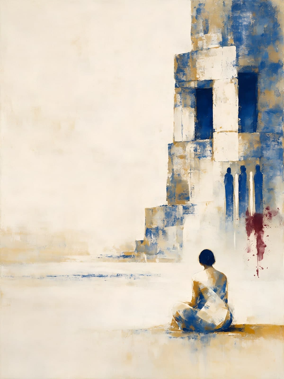 Zittende figuur bij een witte toren