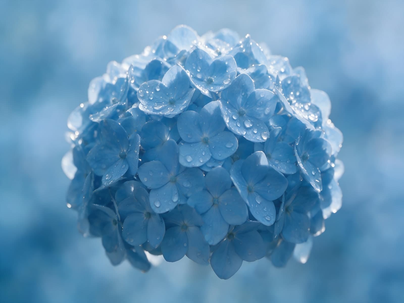 Blauwe hortensia met druppels op blauwe achtergrond