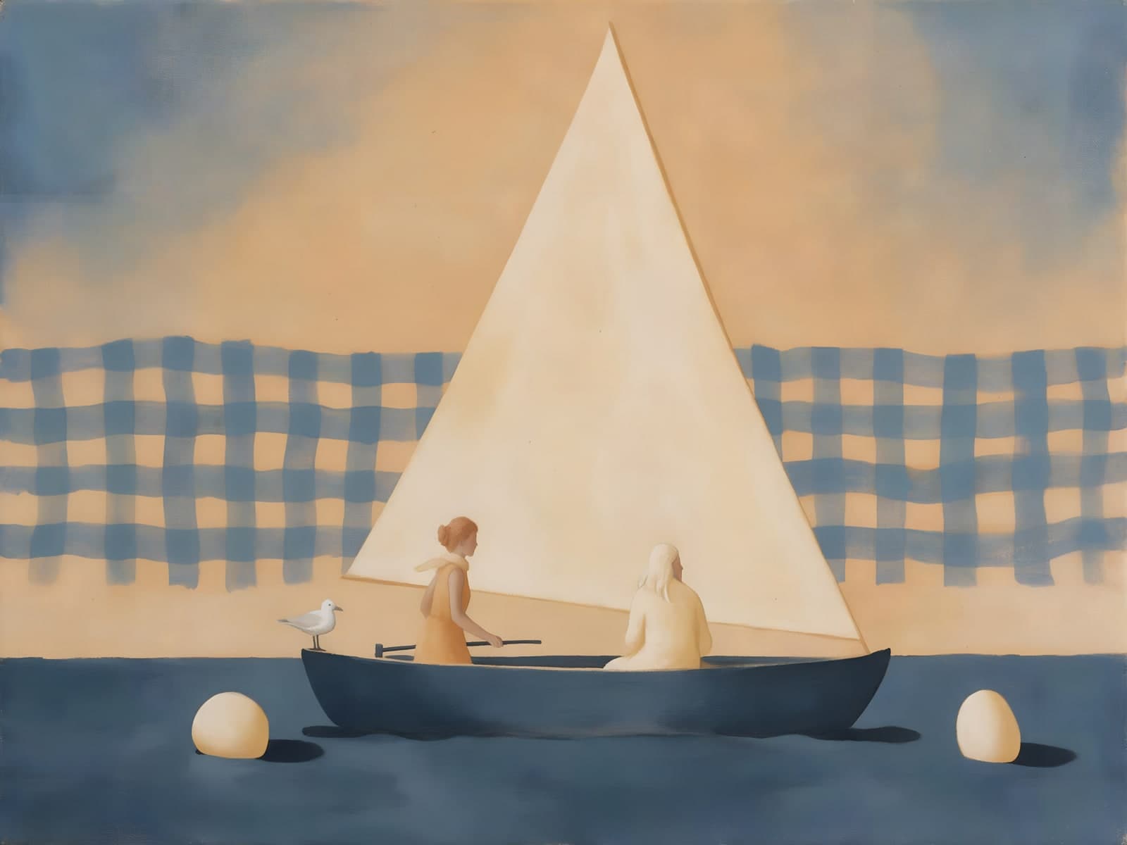 Zeilboot met twee mensen op geruit blauw