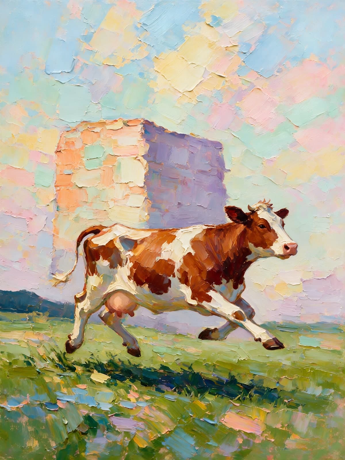 Rood bonte koe in een pastelkleurig veld