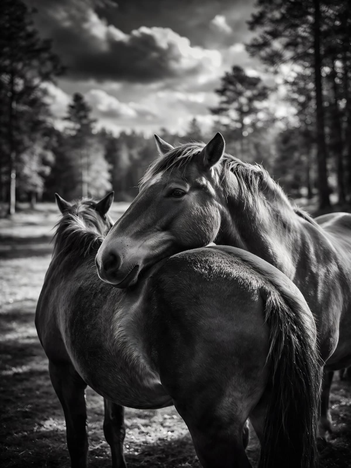Twee paarden dicht tegen elkaar in grijstinten