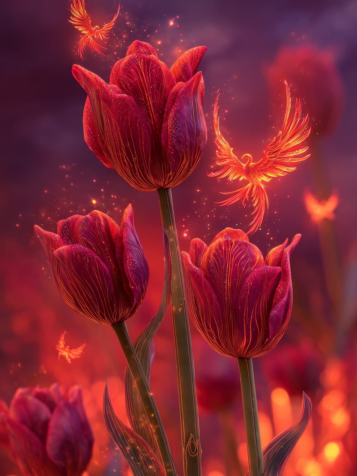 Rode tulpen met vuurvogels
