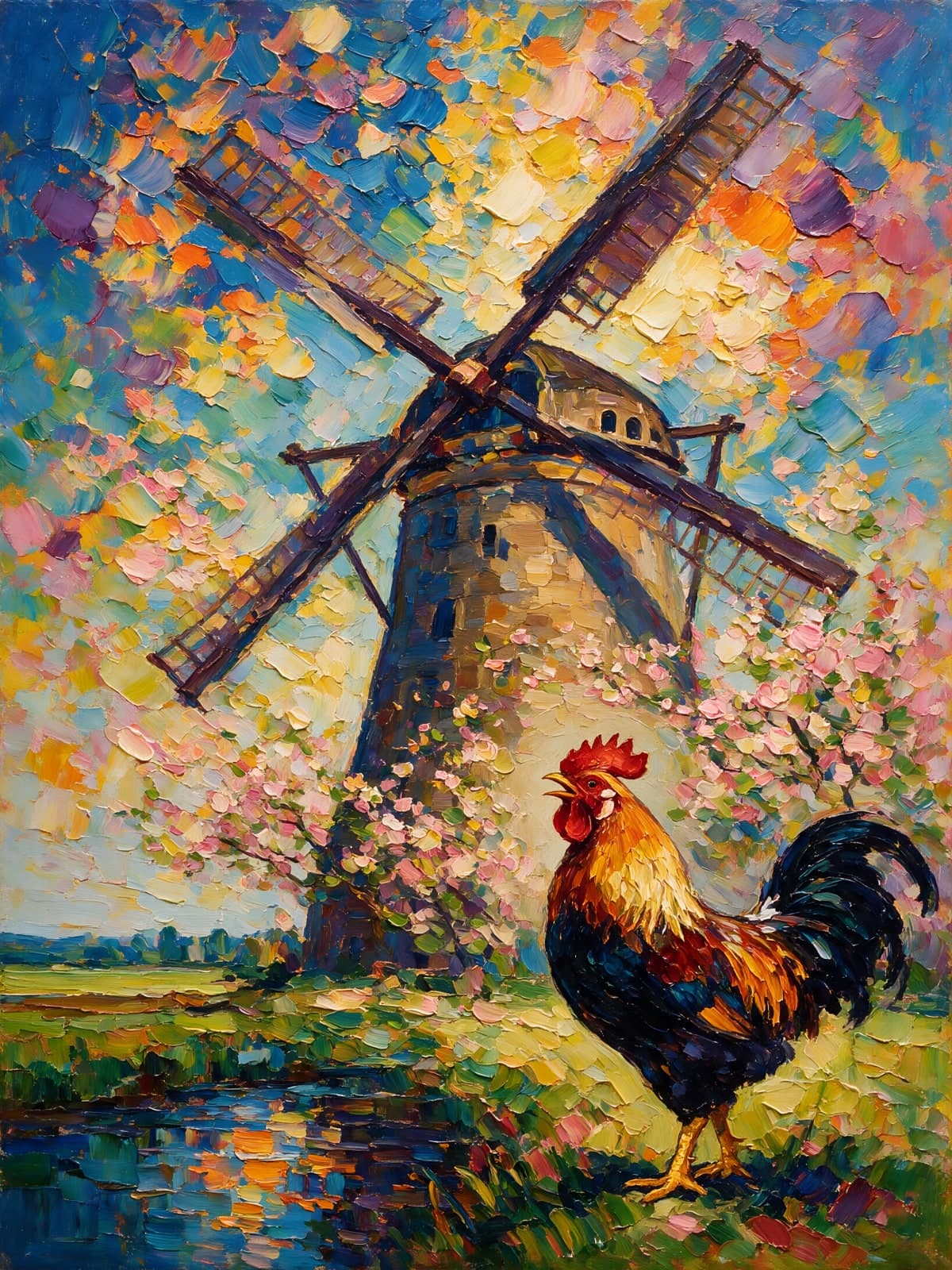 Grote molen met haan bij een beek