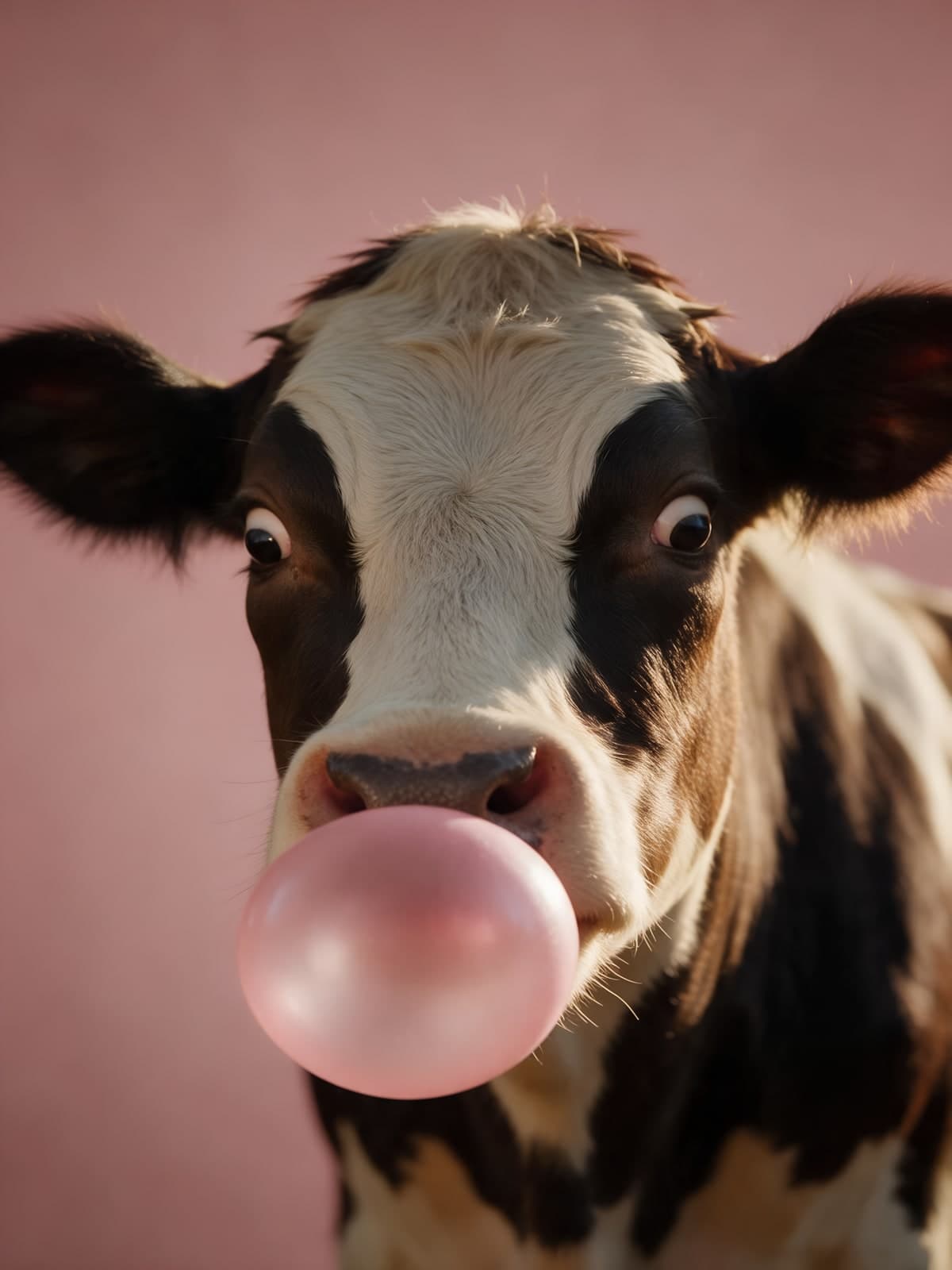 Koe met roze kauwgombel voor roze achtergrond