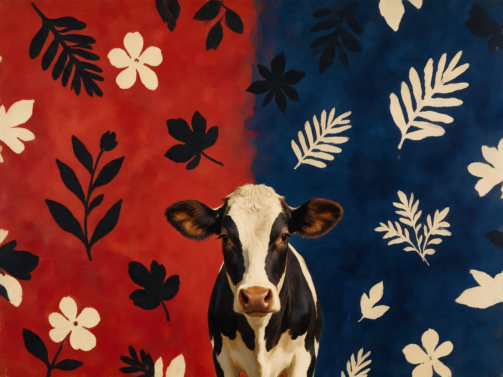 Koe tussen rood en blauw bloemenpatroon