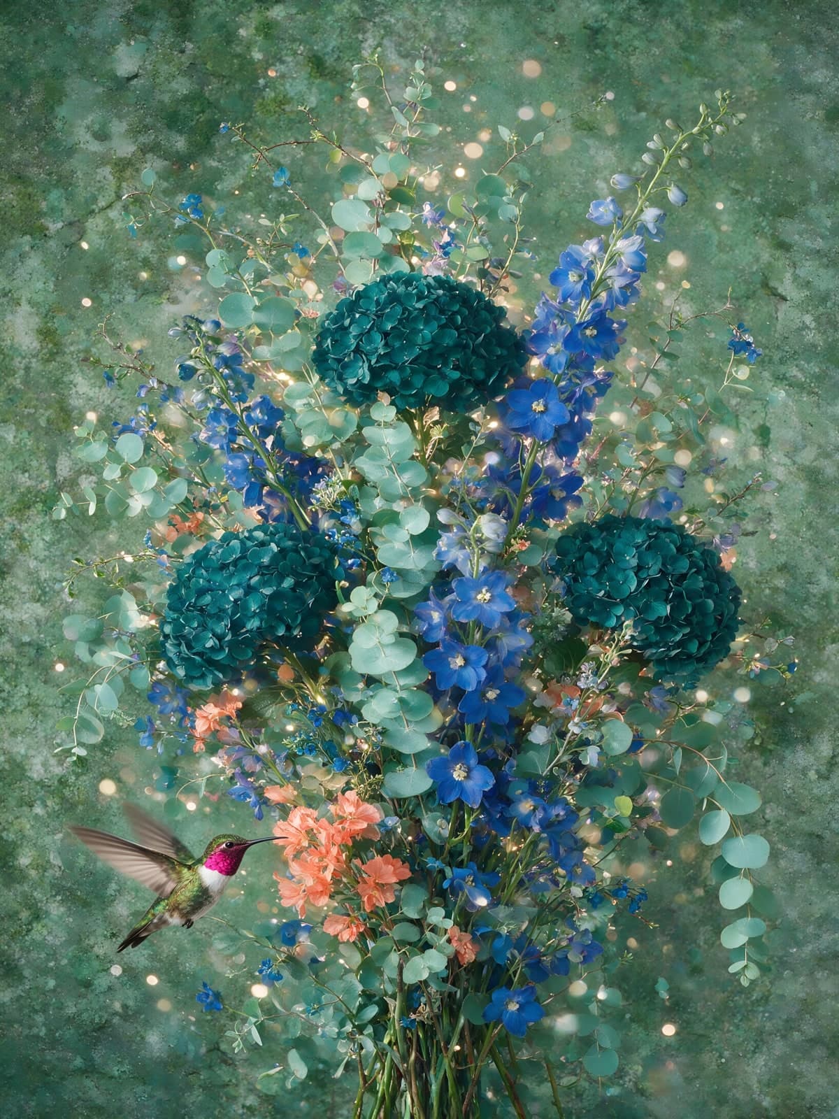 Blauw boeket met kolibrie tegen groene achtergrond