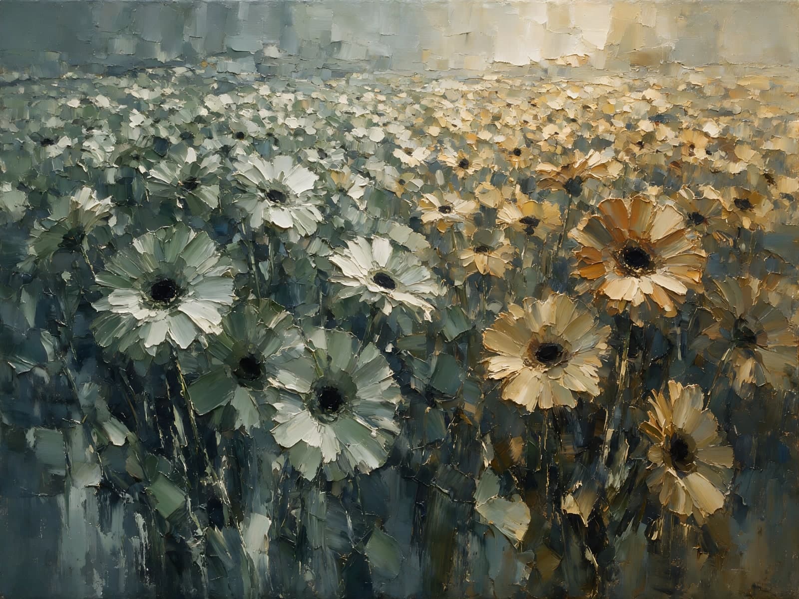 Grijsgroen veld met witte en gele bloemen