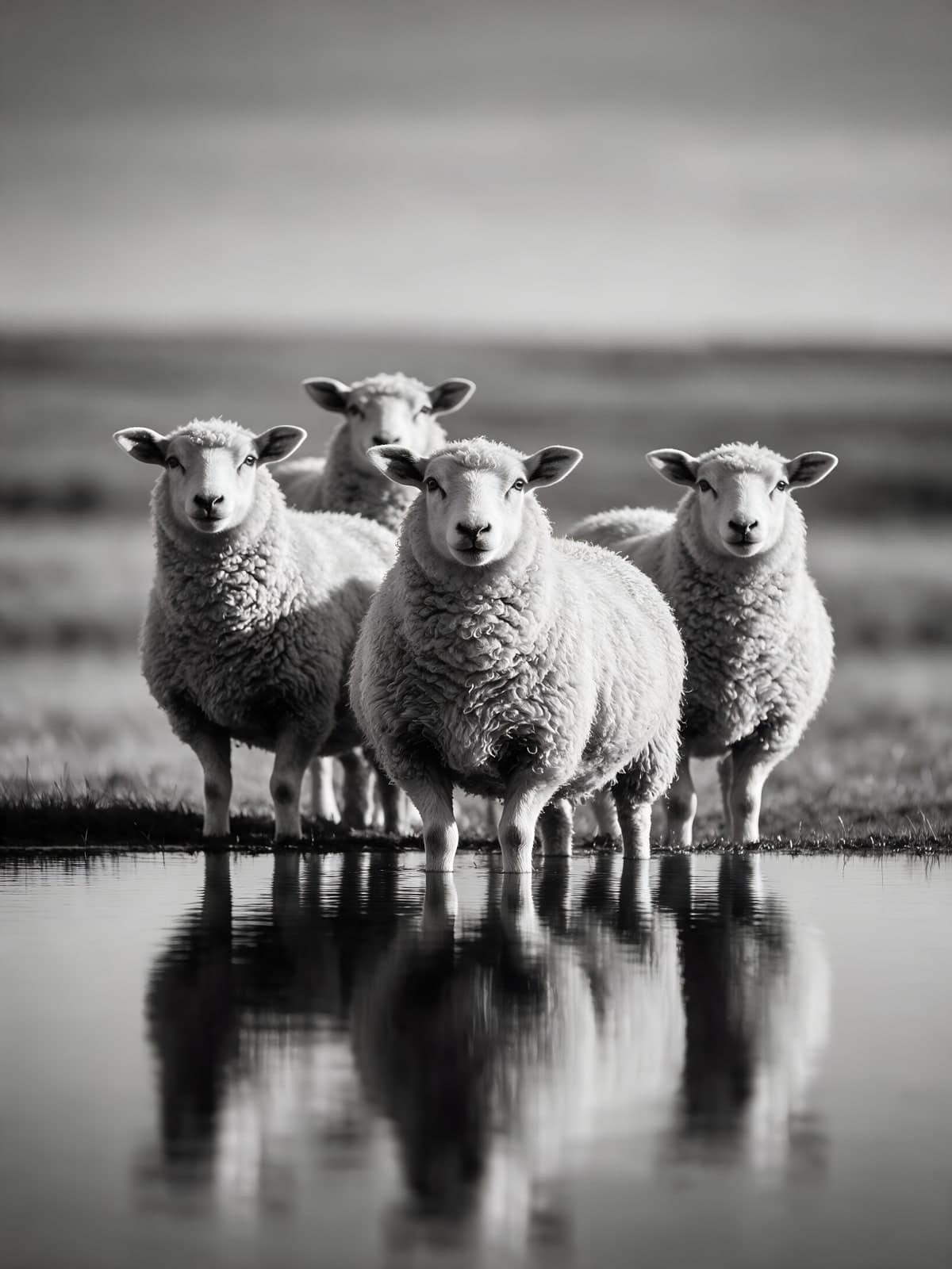 Vier schapen in zwart wit met spiegeling