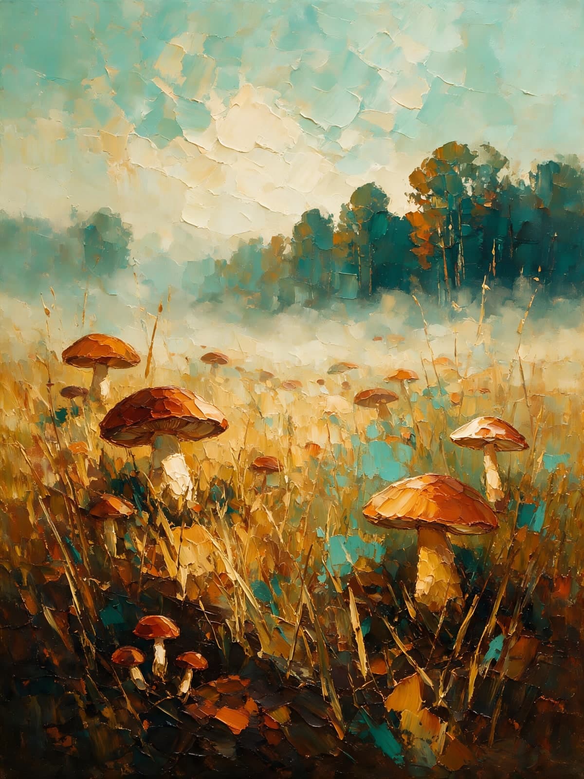 Bruine paddenstoelen in een mistig veld