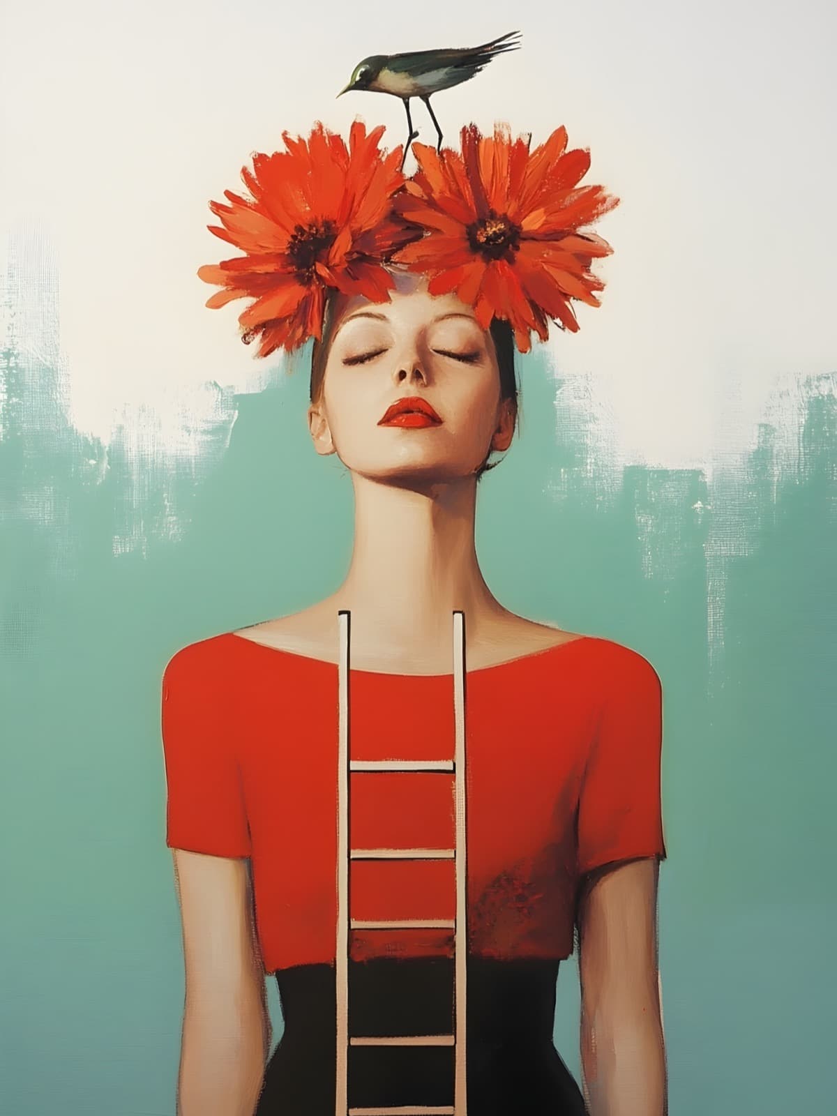 Vrouw met bloemen en ladder op borst