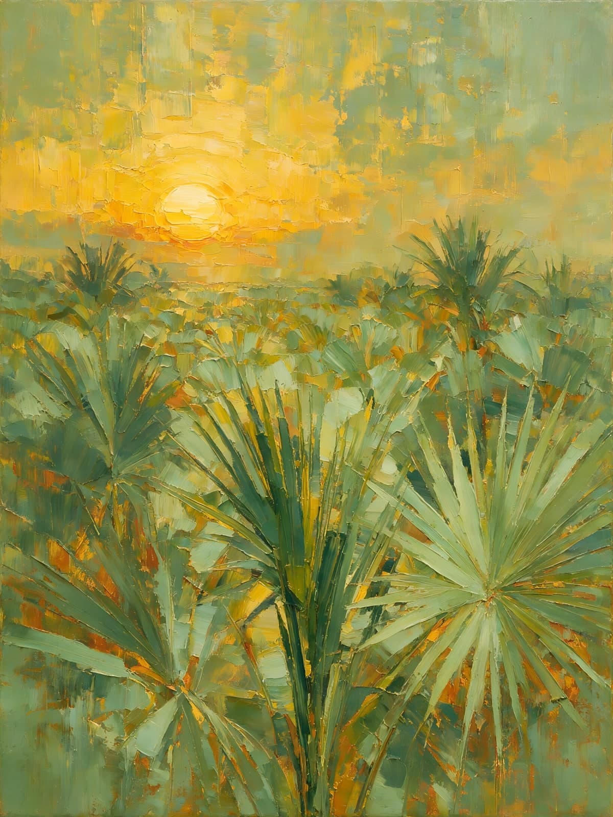 Palmbladeren voor een gele zon