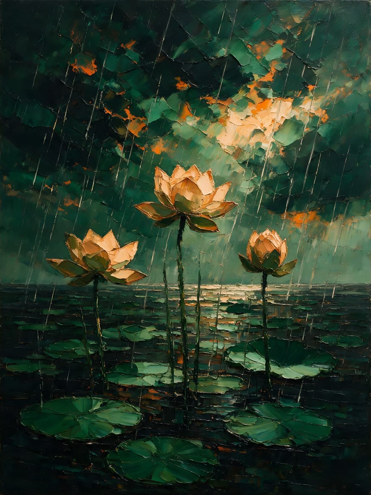 Gouden lotussen in regen boven groen water