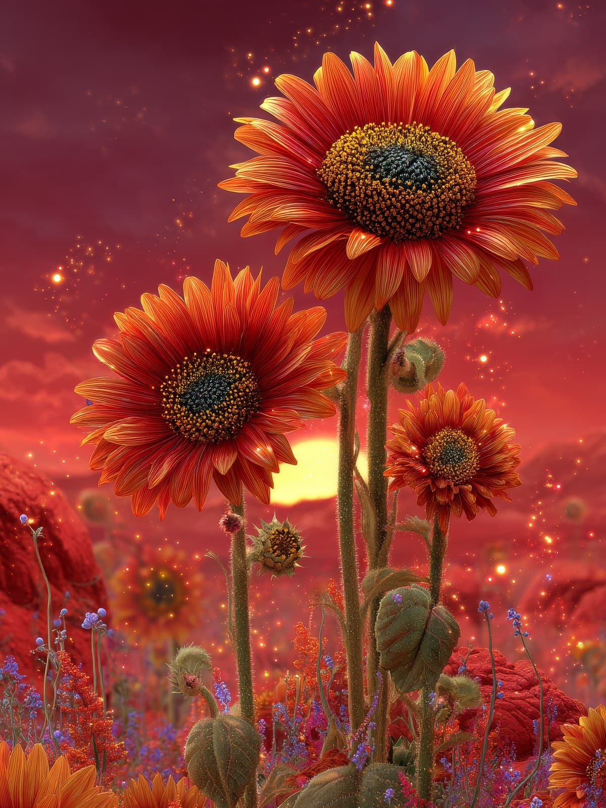 Rode zonnebloemen bij zonsondergang