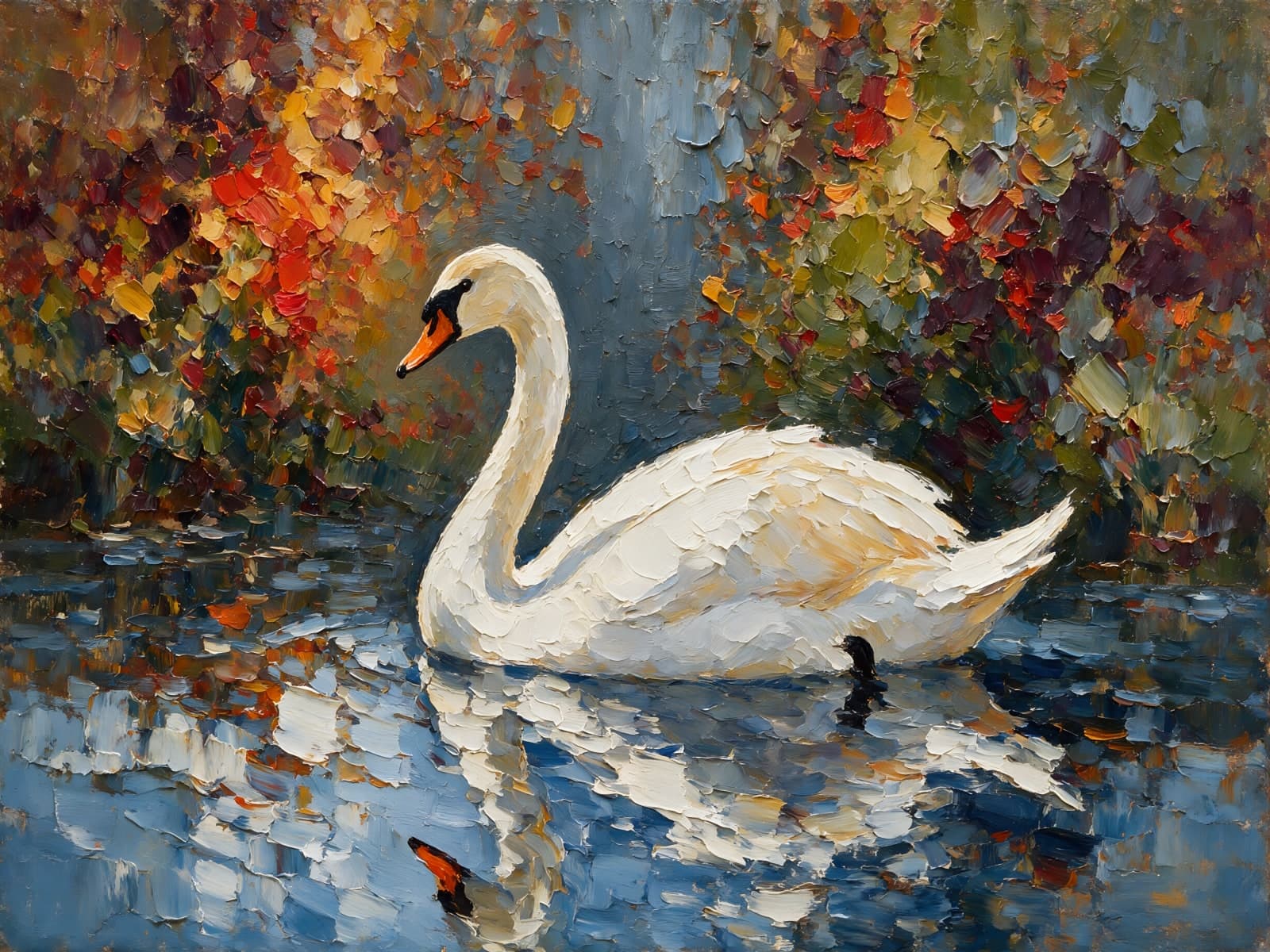 Witte zwaan op water met herfstspiegeling