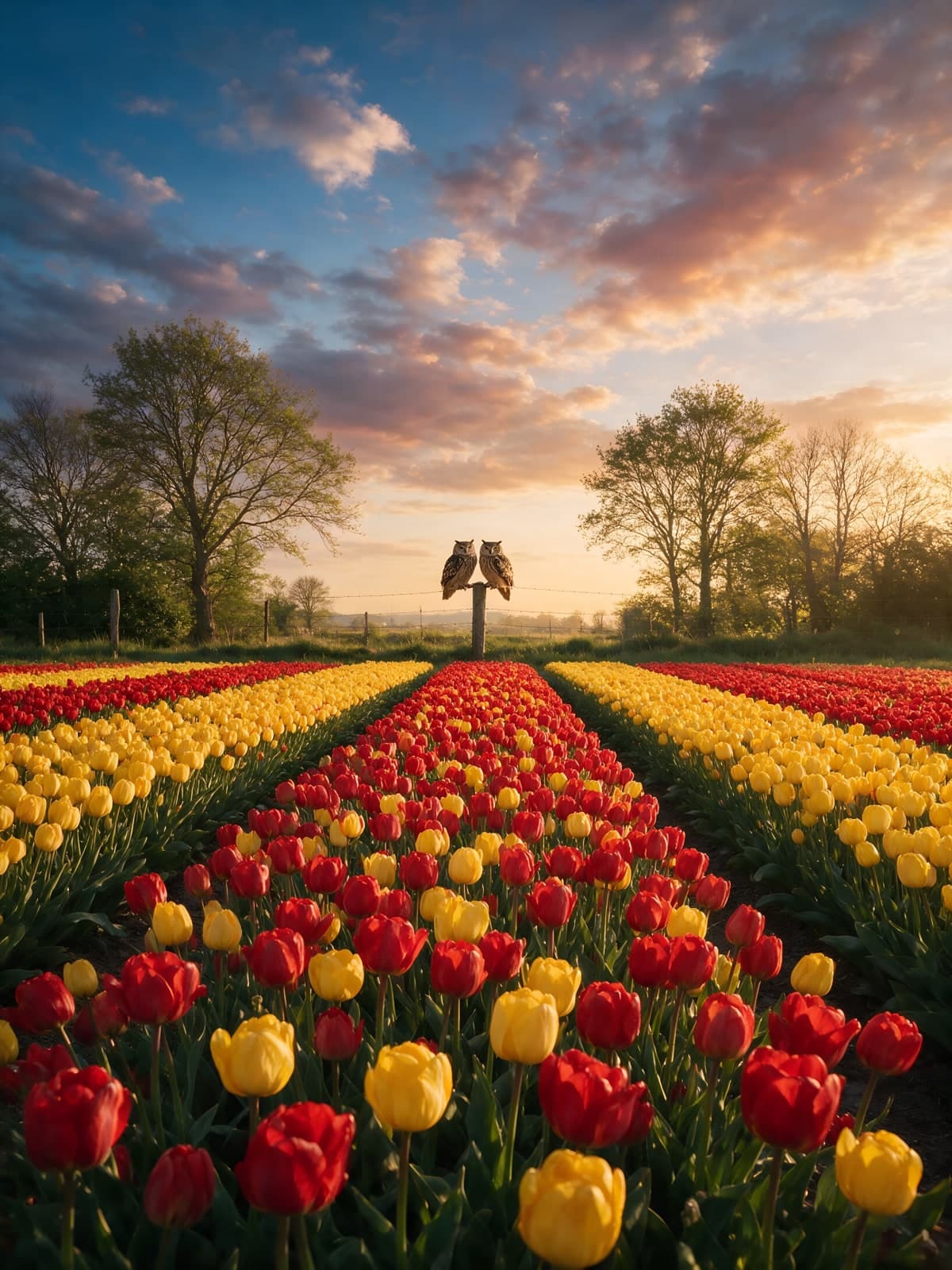 Rode en gele tulpen tussen hoge bomen