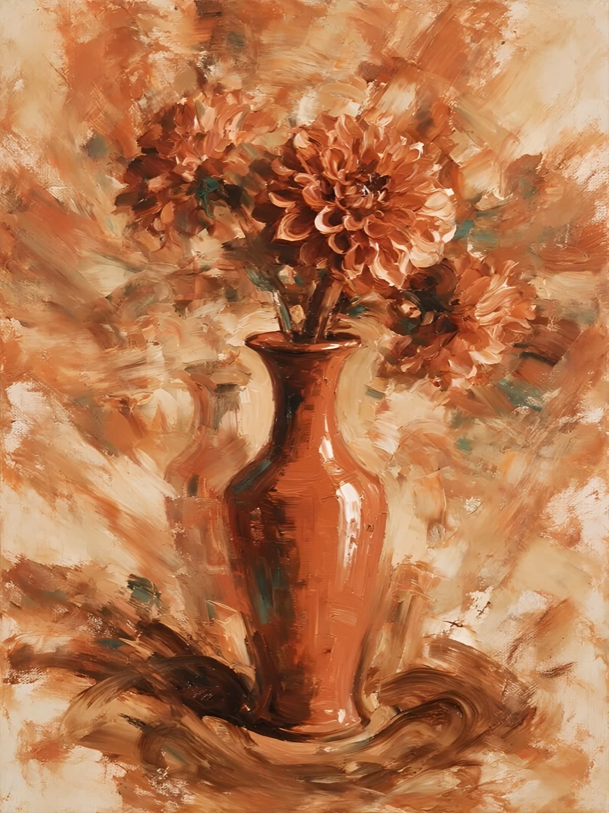 Terracotta vaas met oranje dahlia's
