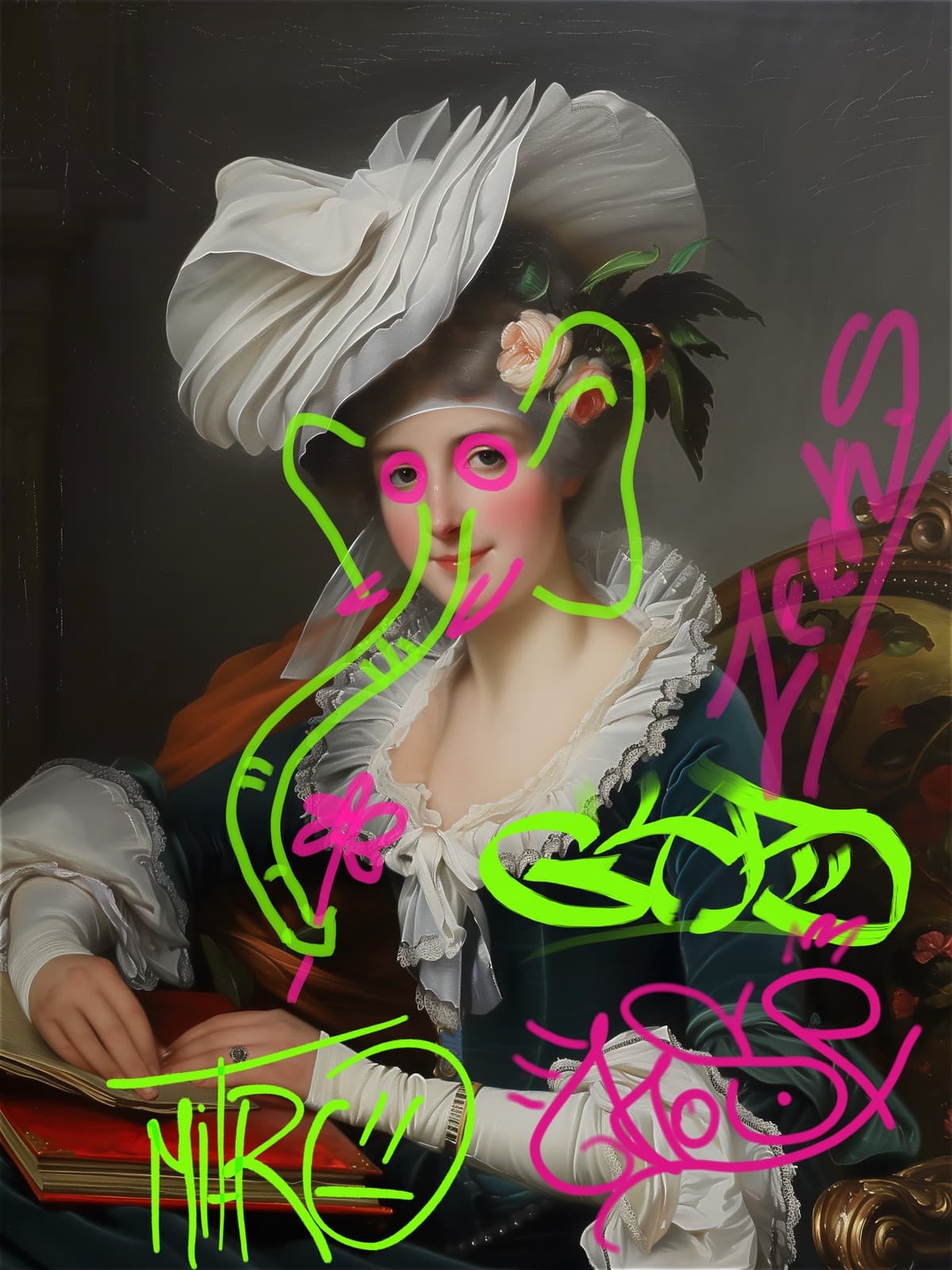 Portret met witte hoed en groene graffitikrullen