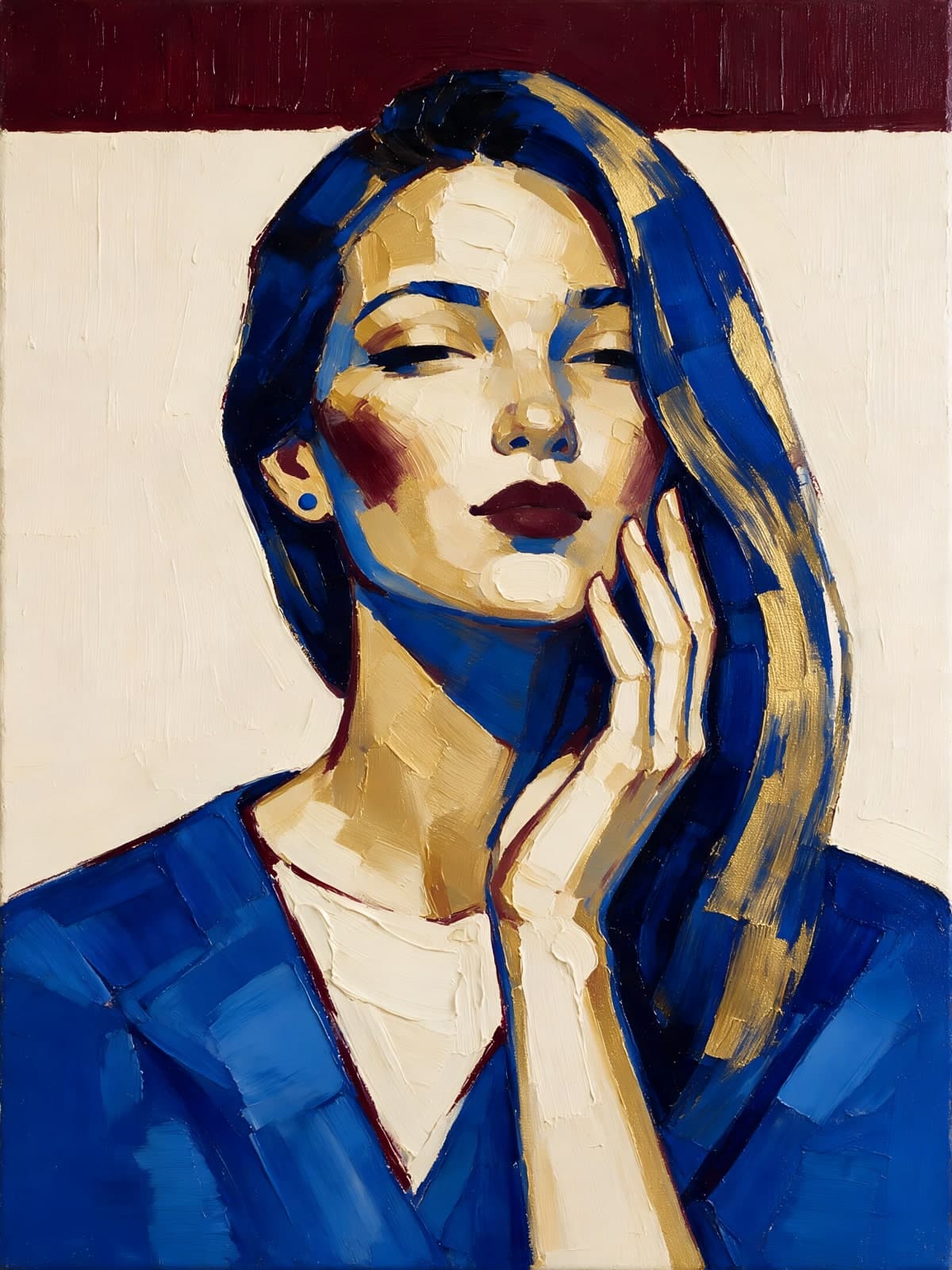 Vrouw in blauw met hand op wang