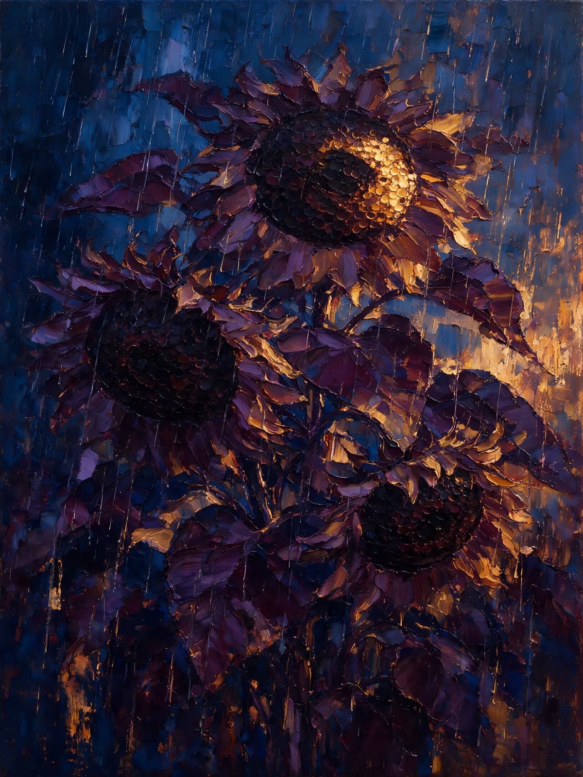 Paarse zonnebloemen in nachtblauwe regen