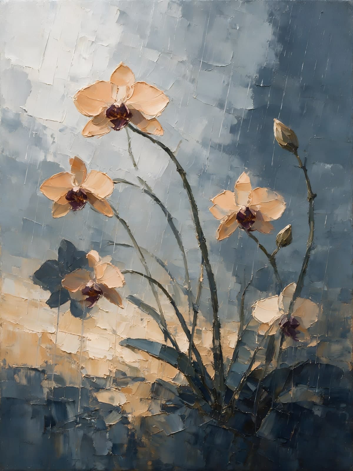 Perzikkleurige orchideeën tegen een blauwgrijze lucht