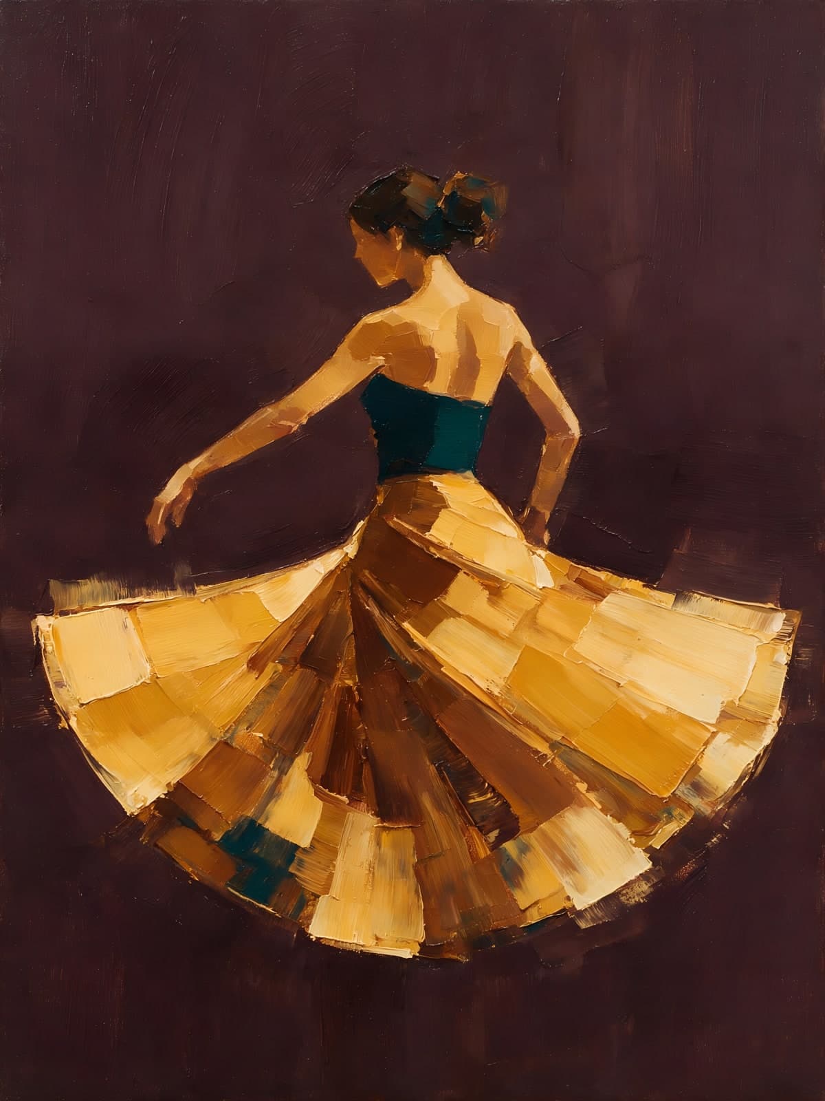 Danseres in gouden rok voor bordeauxrood