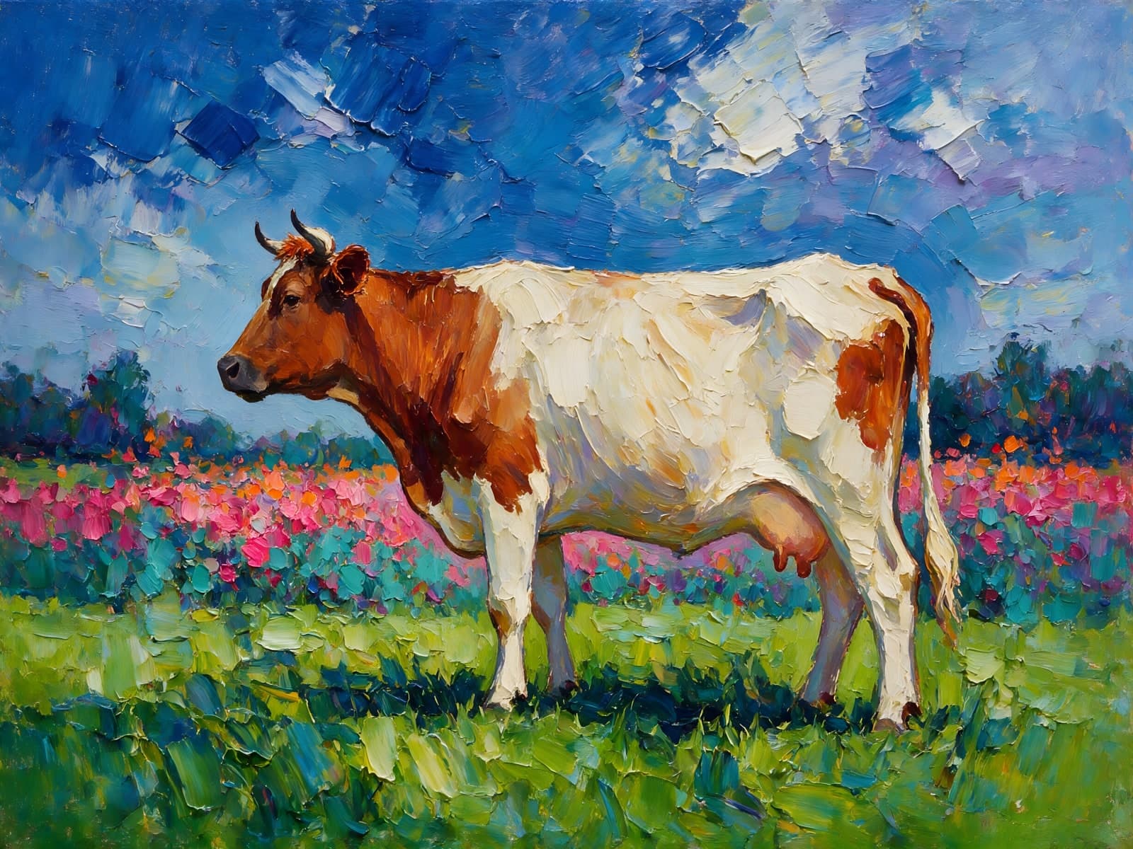 Bruinwitte koe in een bloemenweide