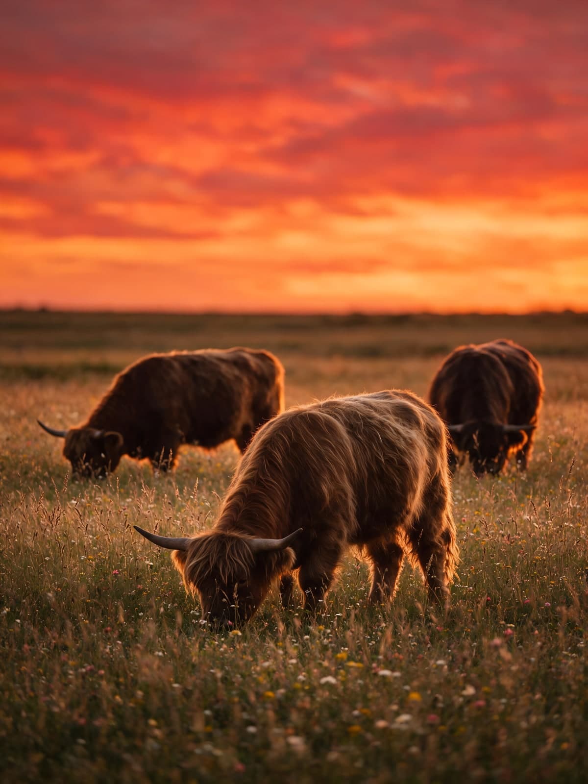 Schotse hooglanders grazen onder een oranje avondlucht