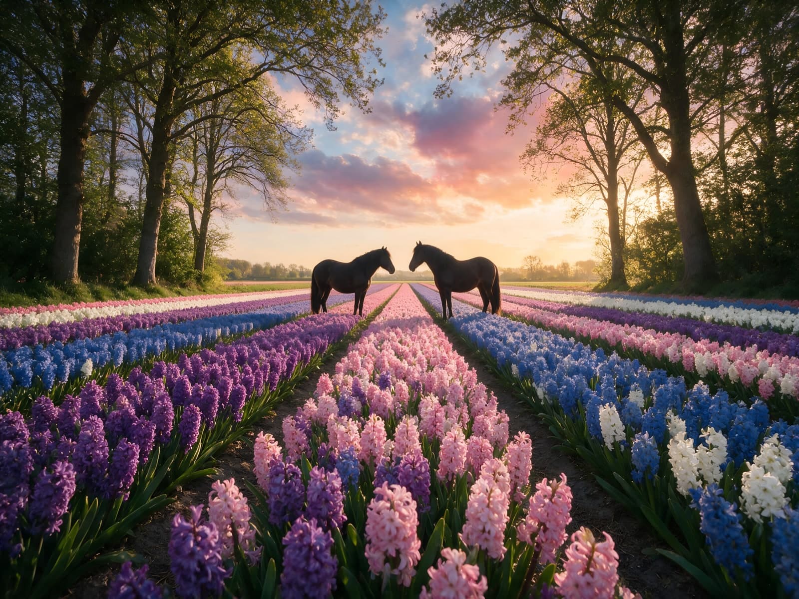Twee paarden tussen rijen hyacinten
