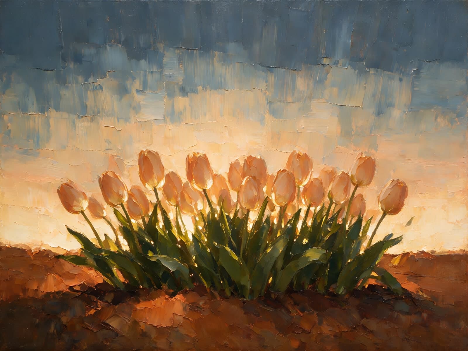Tulpen met tegenlicht onder een blauwgrijze lucht
