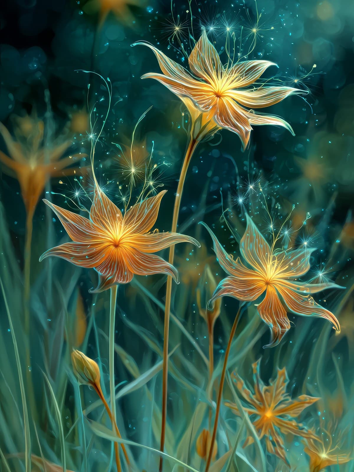 Slanke oranje sterbloemen tussen blauwgroen gras