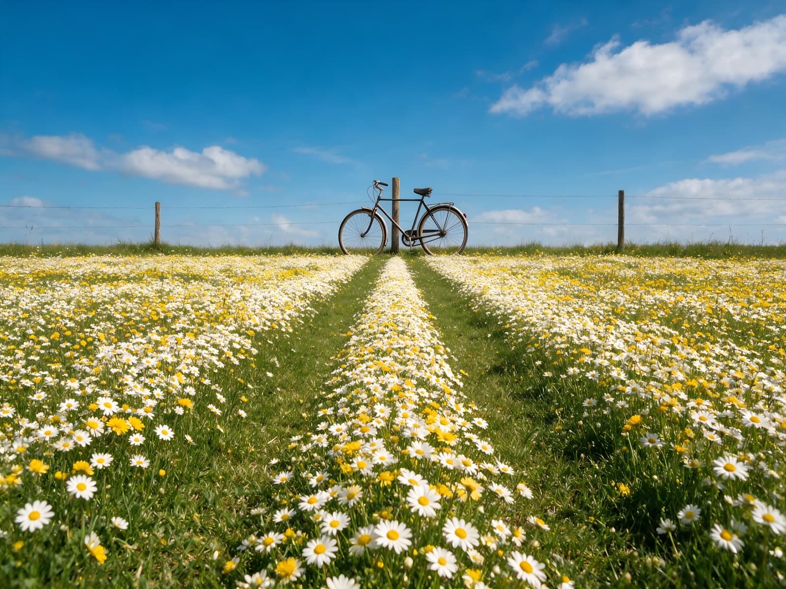 Fiets op een madeliefjesveld