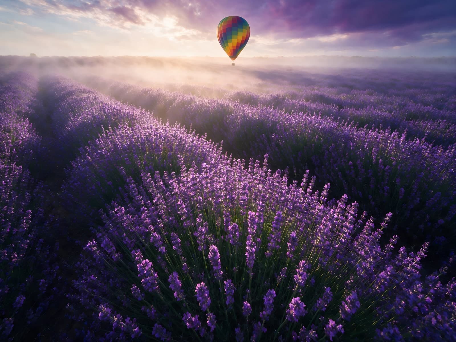 Luchtballon boven lavendel in ochtendlicht