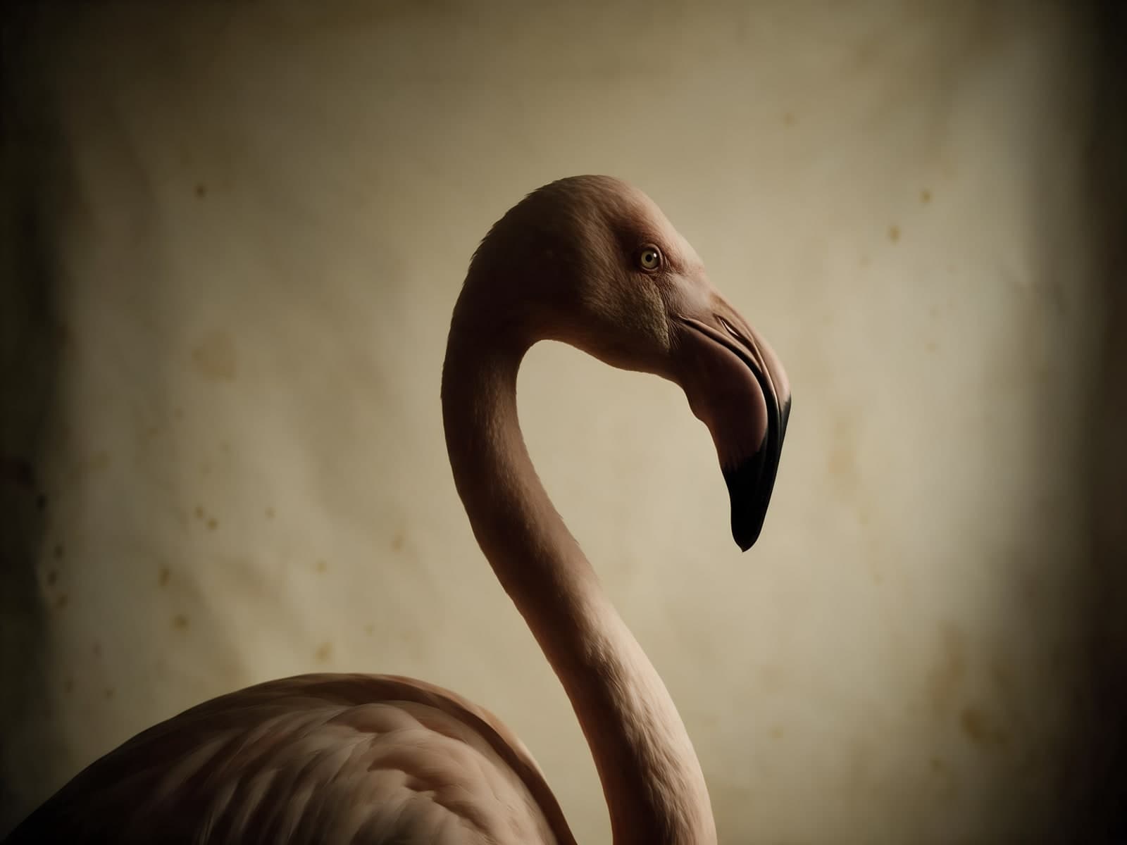 Flamingo met gebogen hals voor donkere achtergrond