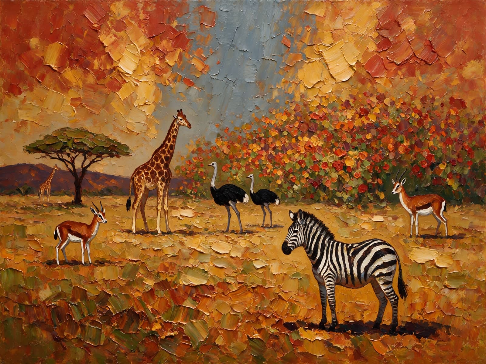 Giraffe en zebra in een herfstkleurige savanne