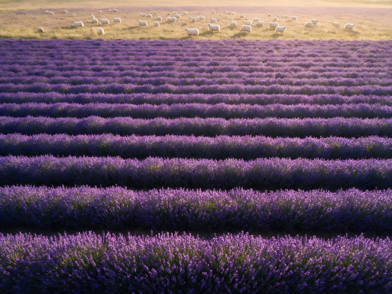 Lavendelvelden met schapen aan de horizon