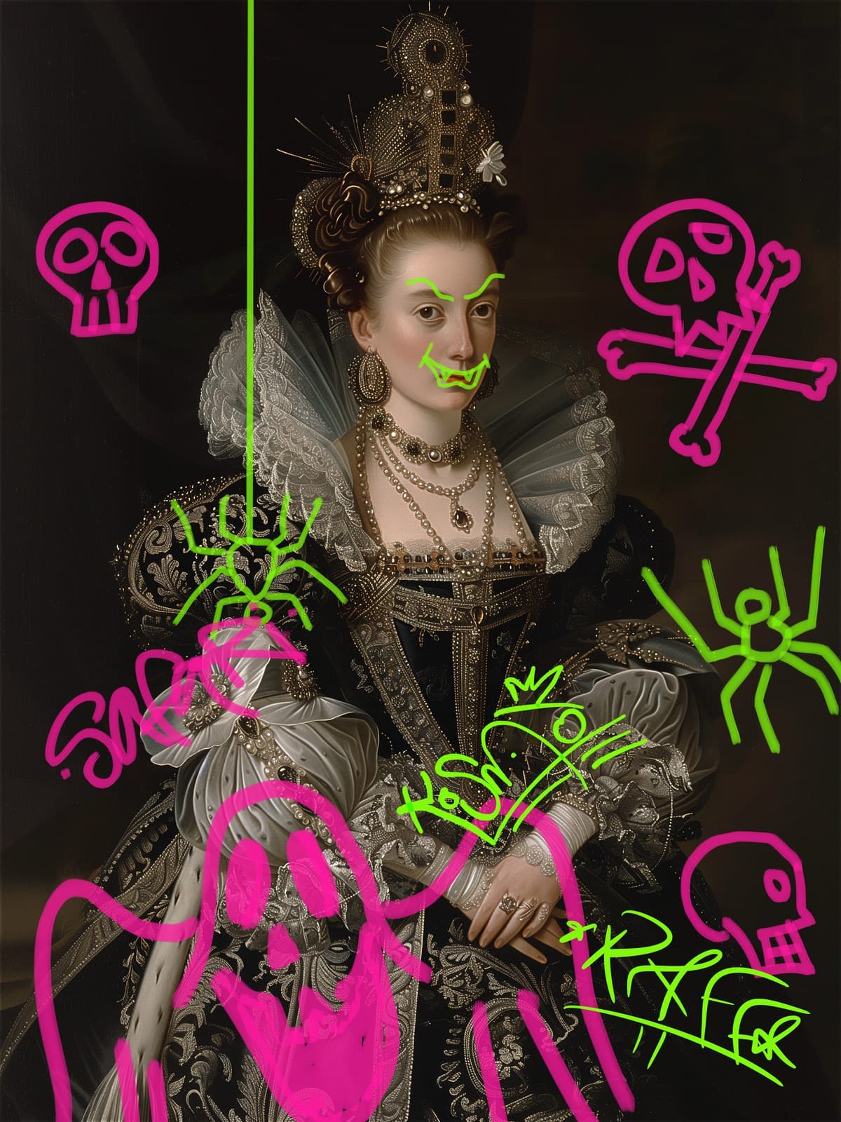 Dame met kanten kraag en roze doodshoofden