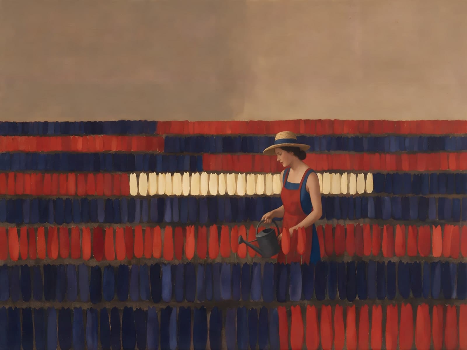 Vrouw met gieter tussen rood en blauw