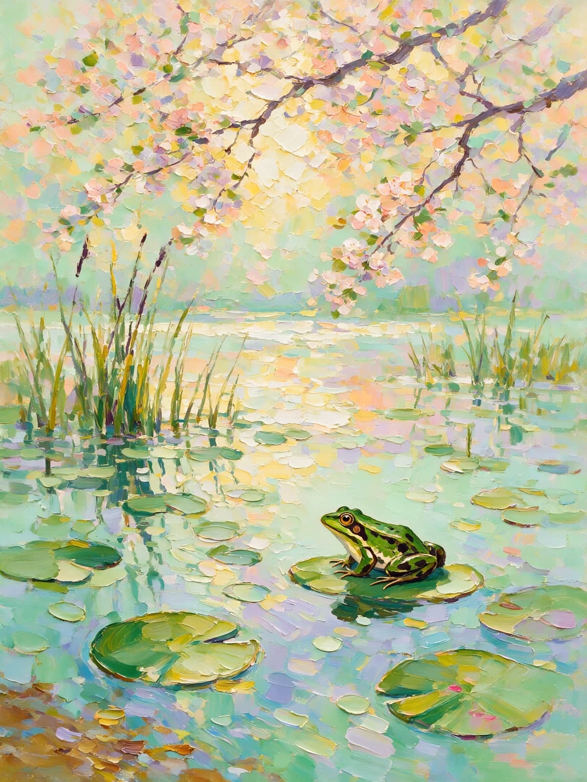 Kikker op een waterlelieblad in pastelkleuren