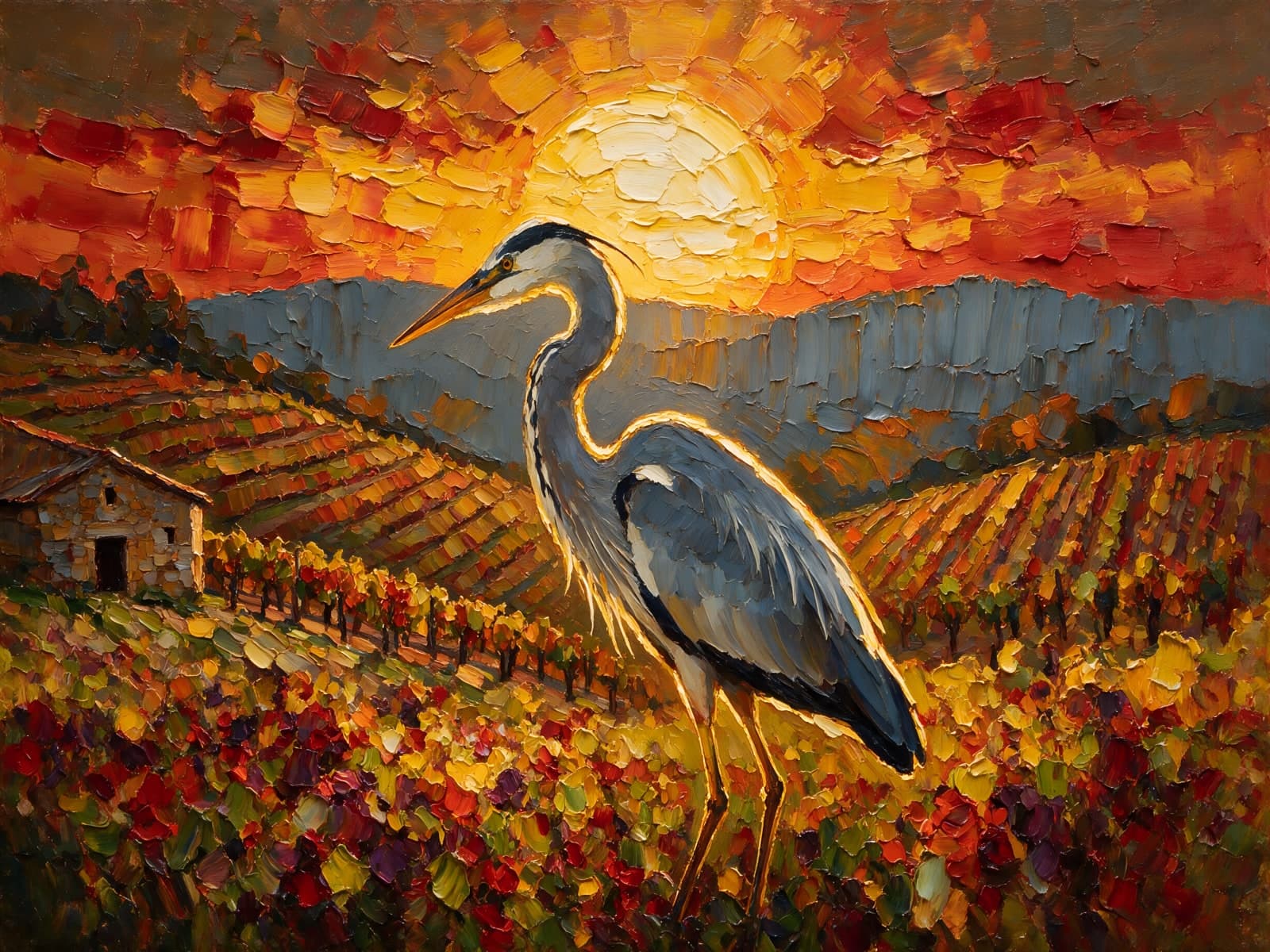 Blauwe reiger voor een wijngaard bij zonsondergang