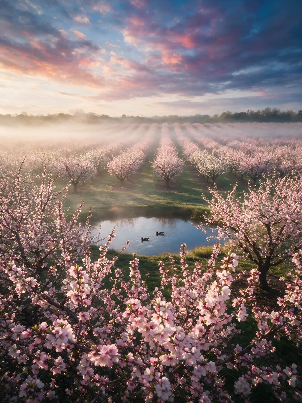 Bloesemrijen met mist en vijver bij zonsopgang