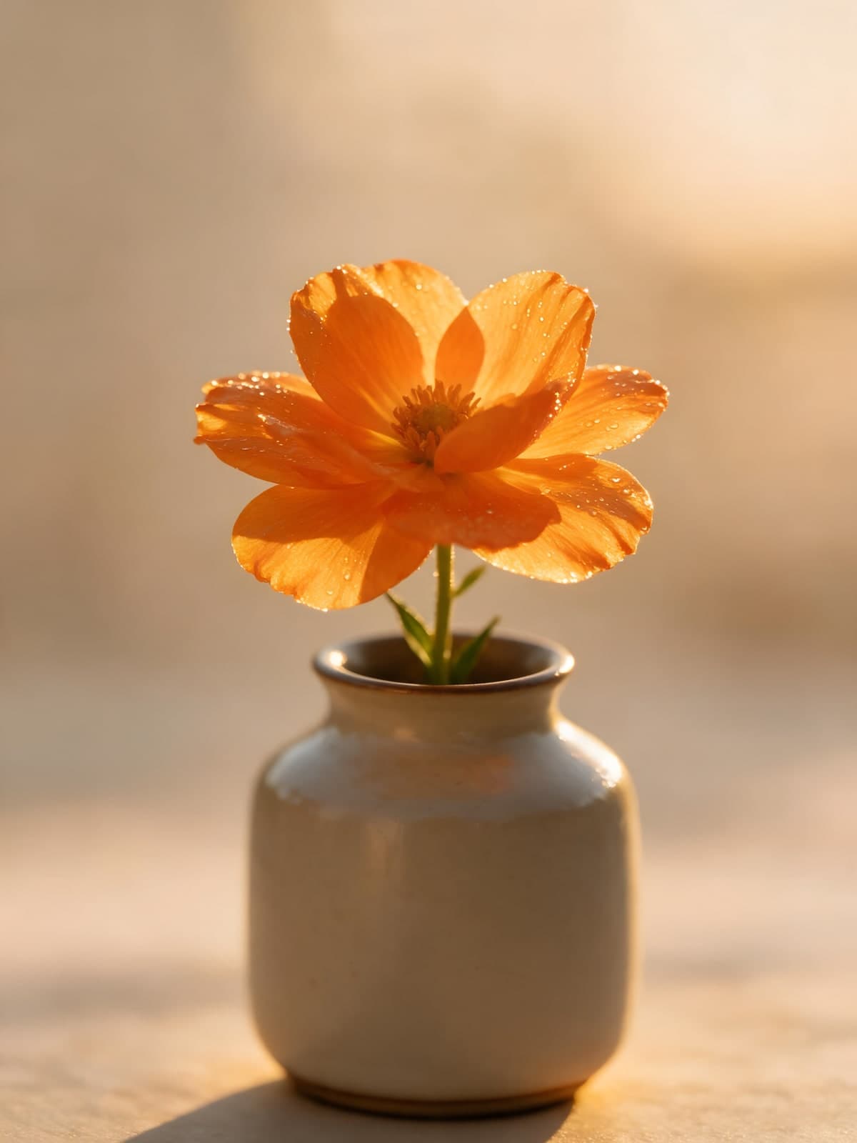 Oranje bloem in een kleine grijze kruik